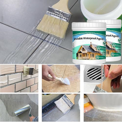 2Kg/70.5Fl.oz Invisible Waterproof Agent Indoor&Outdoor Waterproof Coating Set Transparent Liquid Sealant with Wooden Brush Resistant Work Gloves Putty Knife Cut Paint Roller - style: 2Kg/70.5Fl.oz