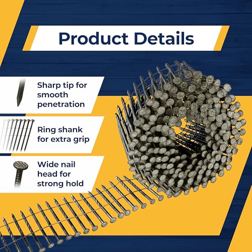 2" 15 Degree Wire Coil Siding Nails 9000 Count, Full Round Head Steel Nails - size: 9000