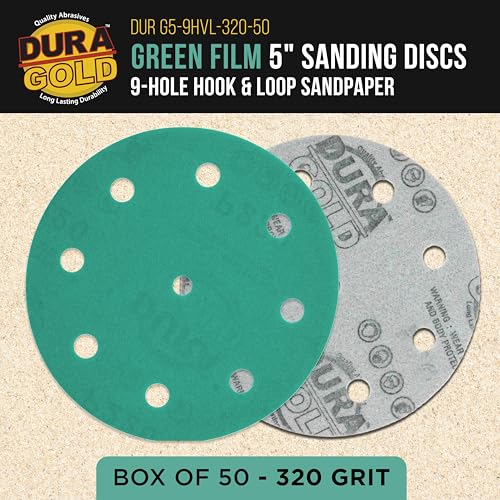 Dura-Gold 320 Grit 5" Green Film Sanding Discs, 9-Hole Pattern, Box of 50 - style: 320 Grit