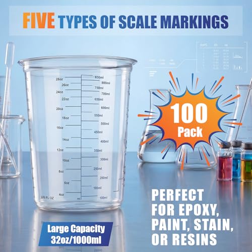 Hushee 100 Pcs 32 oz Paint Mixing Cups 1000 ml Disposable Measuring Cups