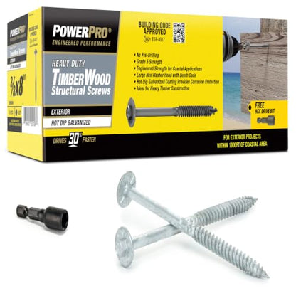 Power Pro TimberWood Structural Screws, 3/8 x 8in, 15 Pieces, Silver - color: Silver, size: 3/8 inch x 8 inch, style: 15pc