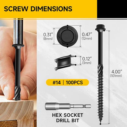 100Pcs 4 Inch Wood Screws, #14 x 4 Heavy Duty Outdoor Wood Screws Assortment Kit Deck Screws, Black Timber Screws Lag Bolts, Hex Socket Included Hex Head Log Landscaping Black Long Screws By Mywish - size: #14 x 4"