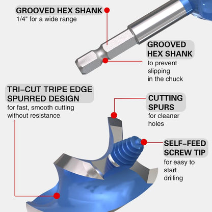 6PCS Auger Drill Bit Set for Wood - Sizes 1/2", 5/8", 3/4", 7/8", 1" & 1-1/8" - Hex Shank Quick Change Auger Bits for Hardwood, Softwood, Plastic - Impact Ready