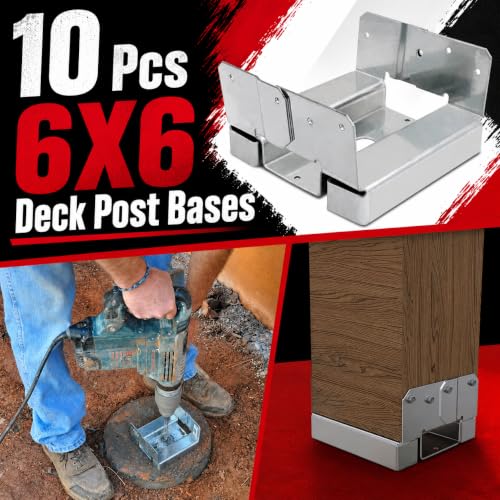 10-Pack 6x6 Post Base Brackets for Actual 5.5" x 5.5" Wood Posts, 2mm Electro-Galvanized Bolt-Down Anchors with 1" Raised Base for Fences, Decks and Garden Projects
