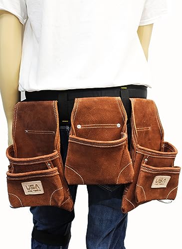Tool Belt | Leather Tool Rig for Carpenters, Framers, Electricians, Constructors, and Handyman | Adjustable Tool Pouches (Brown)