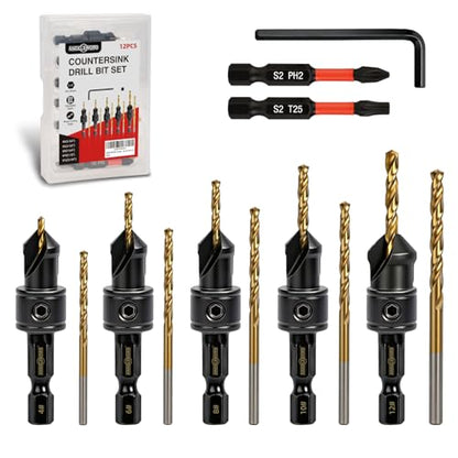 ANGELSWORD Countersink Drill Bit Set, 13 PCS Counter Sink Drill Bit Adjustable, #4, #6, #8, #10, #12, Extra 5pc Replaceable Drill Bits