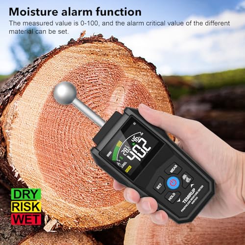 Pin & Pinless Moisture Meter with Color LCD & Acoustic Alarm, Detects up to 20-40 mm; Digital Moisture Detector for Wood, Drywall, Masonry & Other Building Materials