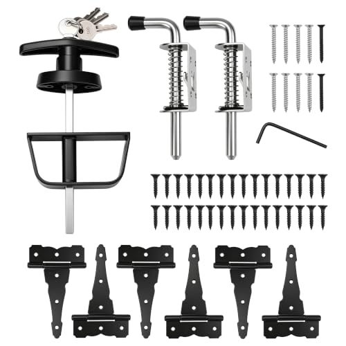 9-Piece Heavy Duty Shed Door Hardware Kit 6.5" Black T-Handle Lock with Keys 6 Anti-Sag Hinges 2 Barrel Bolts for Outdoor Sheds, Barns & Wooden Fence Gates