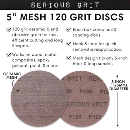 Serious Grit - 5-Inch P120 Grit Ceramic Mesh Sanding Discs - 50 Pack - style: 120 Grit