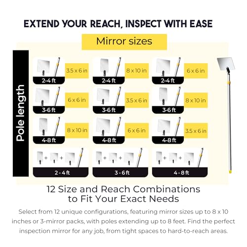 Inspection Mirror Telescoping Pole, Lightweight & Durable, 4 ft - 8 ft Pole, 3 Size Acrylic Mirror - size: 3 Size Acrylic Mirror, style: 4 ft - 8 ft Pole