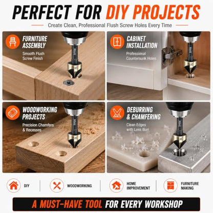 RoViar 82° Countersink Drill Bit Set, 5-Piece HSS Countersink Bits, 1/4" Quick-Change Hex Shank with Storage Case for Deburring & Chamfering on Wood, Plastic, PVC, Aluminum & Brass - color: Gold Black