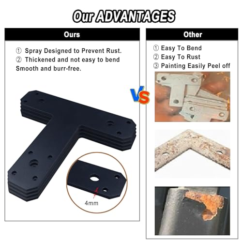 6.5" x 5.7" Post to Beam Bracket, 4Pcs T Post Brackets for Truss Framing, Thickness 4mm T Plate for Repairing Fixing Connecting Mending Plate - Post to Beam Connectors