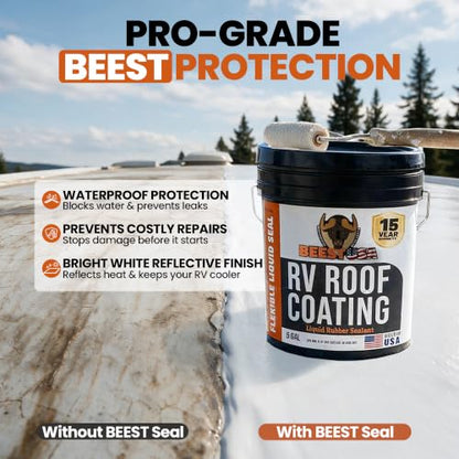 BEEST RV Roof Coating White, 5 Gallon Covers up to 250 sq ft (2 Coats), Solar Reflective & Waterproof Sealant| Elastomeric Leak Repair Coating, Liquid Rubber RV Roof Sealant for Trailer, Camper & More - style: 5G - Coating