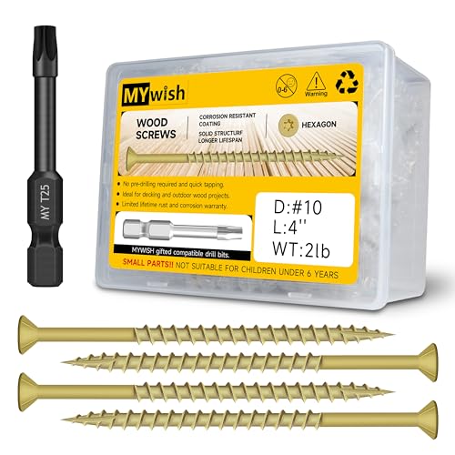 97Pcs Wood Screws #10 x 4 2lb Box, Long Trailer Deck Screws 4 inch, T25 Torx Drive Head, Outdoor Construction Screws, Rust Resistant, Epoxy Coated, Exterior Screw, Tan by Mywish - size: 2lb Box, style: #10 x 4"