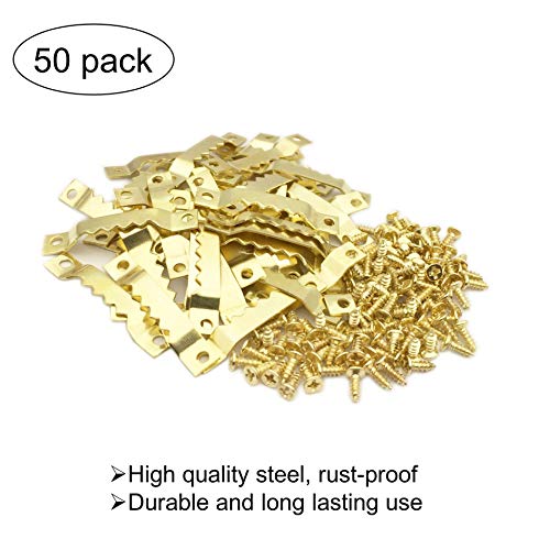 50 Pack Small Metal Sawtooth Picture Hangers with Screws (Gold) - color: Small Gold - 50 Pack