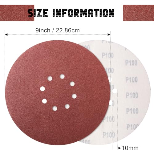 9 Inch 8 Hole Drywall Sanding Disc, 100 Grit 15 PCS Hook and Loop Sandpaper - style: Grit 100