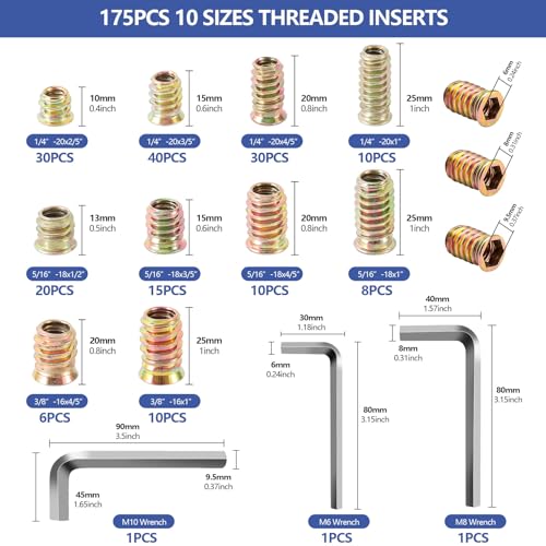 178Pcs Threaded Inserts for Wood,1/4"-20, 5/16"-18, 3/8"-16 10 Sizes Carbon Steel Inserts Kit,Hex Socket Threaded Screw Assortment with 3PCS Hex Wrench for Furniture
