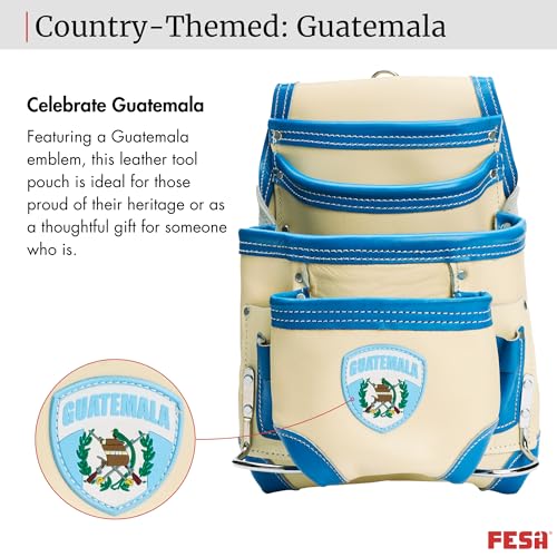 FESA Leather Carpenter Tool Pouch - 10-Pocket Heavy Top Grain Leather Carpenter Pouch with 2 Hammer Loops, Large & Small Pockets - Fits Work Belts up to 3" - Handcrafted - Country-Themed - color: White - Guatemala