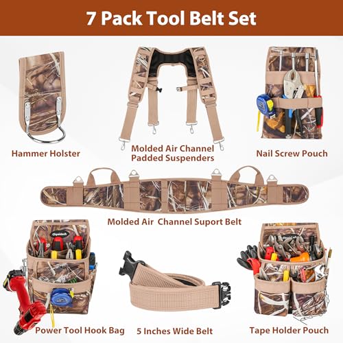 Chyaidach Camo 7 Piece Tool Belts for Men with Suspenders & Hard Bottom Pouches & Air Channel Support, Construction Tool Belt Framing Combo Heavy Duty Tool Rig for Carpenter Electrician Framer Roofing