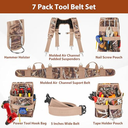 Chyaidach Camo 7 Piece Tool Belts for Men with Suspenders & Hard Bottom Pouches & Air Channel Support, Construction Tool Belt Framing Combo Heavy Duty Tool Rig for Carpenter Electrician Framer Roofing