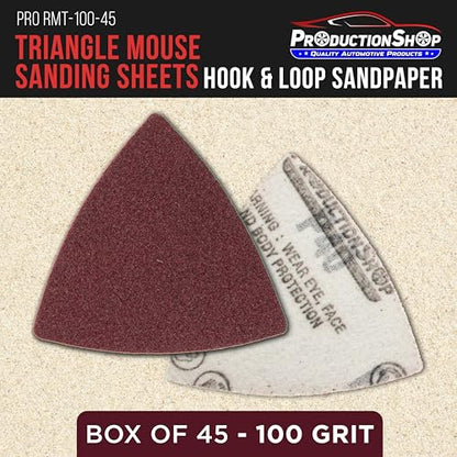 ProductionShop Premium 100 Grit Triangle Mouse Detail Sander Sandpaper Sheets, Box of 45 - Hook & Loop, Triangular Shaped Mouse Disc Pads - Oscillating Multi-Tools - Woodworking, Sand Furniture Paint - style: 100 Grit