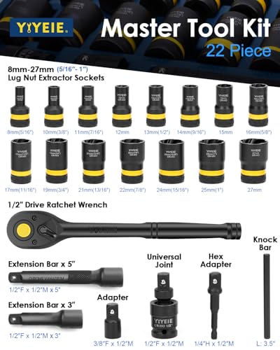 YIYEIE 22-Piece Bolt Nut Extractor Socket Set with Ratchet Wrench