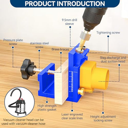 Pocket Hole Jig Kit with Detachable Vacuum Adapter, Professional Aluminum Pocket Hole Jig System Inclined Hole Drilling Positioner Woodworking Oblique Punch Locator Fixture (Blue)