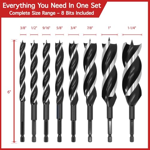 8PCS 6" Wood Auger Drill Bit Set (3/8" to 1-1/4") with Wood Case - size: 3/8"-1-1/4" x 6", 8 Pcs