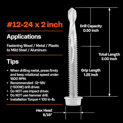 SUNKIN 50PCs Self Tapping Screws for Metal, Hex Head #12 x 2 Inch, Self Drilling for Thick Steel, Less Effort Installation, Long Lasting Anti Rust Coating - size: #12 x 2 inch(50pcs)