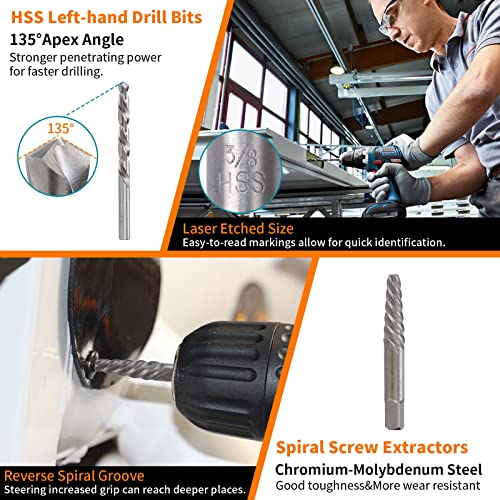 Screw Extractor Set, 37# Cr-Mo & 6542 HSS Steel Cobalt Left-Hand Drill Bit, Easy Out Broken Bolt Remover Reverse, Ez Out Stripped, Rounded-Off, Damaged Bolts, Screws&Studs Removal Tool (31-Pieces)