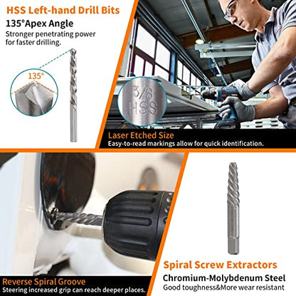 Screw Extractor Set, 37# Cr-Mo & 6542 HSS Steel Cobalt Left-Hand Drill Bit, Easy Out Broken Bolt Remover Reverse, Ez Out Stripped, Rounded-Off, Damaged Bolts, Screws&Studs Removal Tool (31-Pieces)