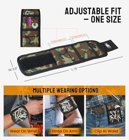 HiRui Magnetic Wristband for Tools – Ultra-Strong 15 Neodymium Magnets Hold Screws, Nails & Bits, Dual Pockets – Hands‑Free for DIY, Home Repairs, Auto – Gift‑Ready for Dad, Husband, Grandpa (CAMO) - color: Camo
