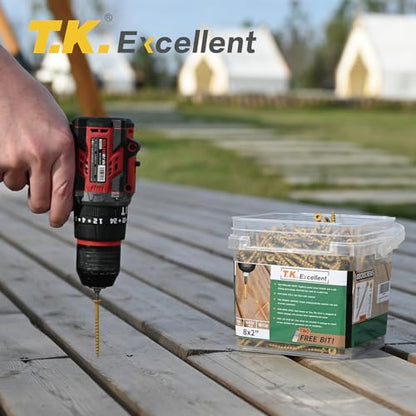 T.K.Excellent Deck Screws 2 Inch Wood Screws #8 x 2, 630 Pcs, Rust Resistant Structural Screws Tan Exterior Fence Screws Torx Drive Screws, Two T20 Bits, Brilliant Yellow Ruspert Coating Rust Proof - size: #8×2