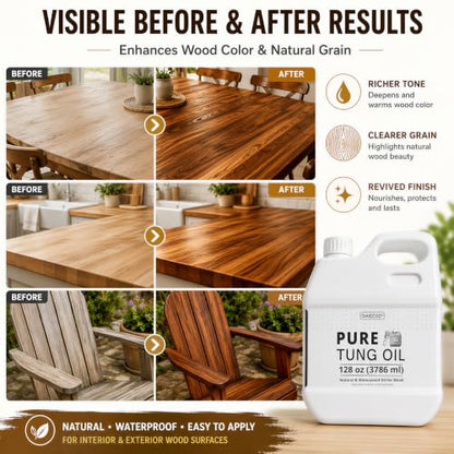 256oz 100% Pure Tung Oil,Food Grade Waterproof Low Odor Wood Oil with Brush - size: 256 Fl Oz
