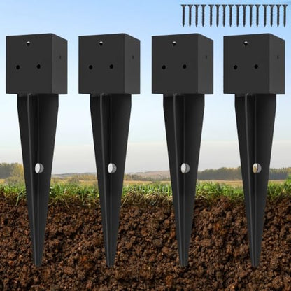 4 Pcs 4"x4" Fence Post Anchor Ground Spike|Black Powder-Coated| 16 Inch