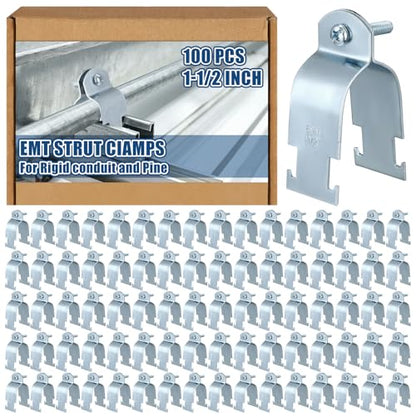 Landhoow Emt Pipe Universal Strut Clamps Strut Channel Accessory Electro Galvanized Conduit Clamp with Bolt and Nut, Rigid Pipe Tool(1-1/2 Inch,Silver,100 Pcs) - color: Silver, size: 1-1/2 Inch