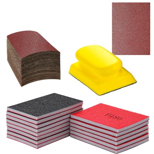 FOWOK 70pcs Sanding Sheet, 14pcs Sanding Sponge, one 3”x 4” Hand Sand Block