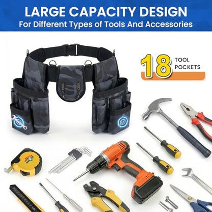 Tool Belt with Suspenders, 18-Pocket Combo Harness System with Magnetic Pouches, Heavy Duty Detachable Utility Bags Adjustable 32"-66" Waist for Electricians, Carpenters, Framers (Camouflage) - color: Camouflage