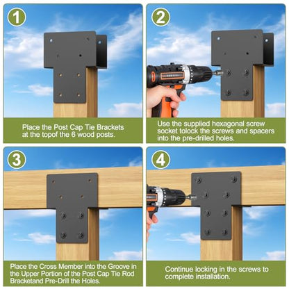 6x6 Post Caps Tie Brackets, 4Pcs Heavy Duty Connector Pergola Brackets - size: 6x6 4pcs