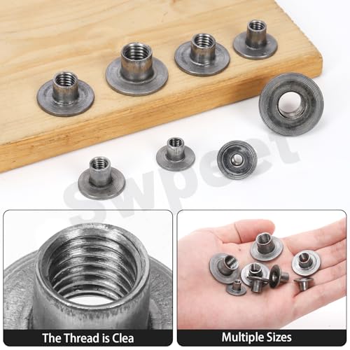 Swpeet 85Pcs 5 Sizes M4×7.5 M5×7 M6×10 M8×10 M10×13 Carbon Steel Tee Nut, Through Hole Flange Insert Female Thread Nuts, Round Base Weld Tee Nuts, Brad Hole Tee Nut for Wood Furniture - size: Assortment Kit