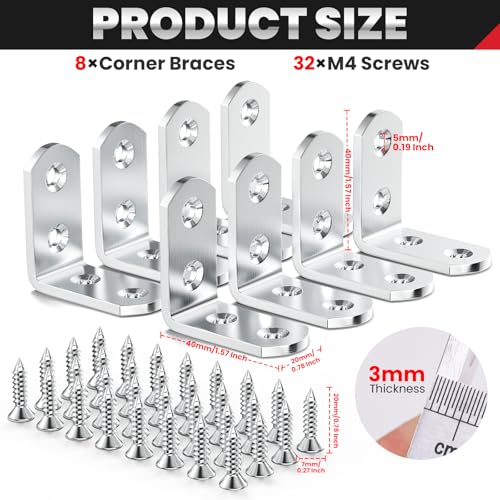 FANDAMEI 8 PCS Heavy Duty Corner Brace, 40x40mm Stainless Steel Joint Right Angle Brackets with Screws, 90 Degree Wall Brackets Hanger for Shelves, Tables, Dressers, Chairs, Silver