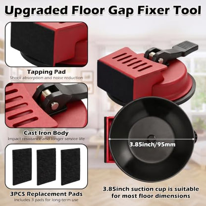 Heavy Duty Floor Gap Fixer Tool, 176 LBS Vacuum Suction Cup - Fix Floor Gaps Fast with 15 Sticky Pads & Scraper for Vinyl Plank Flooring, Red LVP Laminate Repair Kit, Wood Plank Grabber (No Hammer)