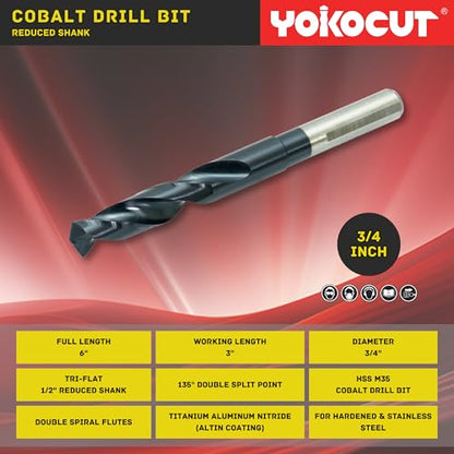 3/4 Inch Cobalt Drill Bit | Reduced Shank High Speed Steel | 3/4 Drill Bit for Stainless Steel and Hardened Metal | HSS M35 Titanium Aluminum Nitride Coating with 1/2" Shank - size: 3/4 Inch