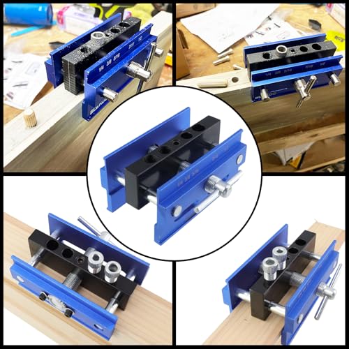 4.72 Inch Self Centering Doweling Jig Kit, Drill Jig for Straight Holes Biscuit Joiner Set With 4 Drill Guide Bushings, Adjustable Width Drilling Guide Power Tool Accessory Jigs(Blue)