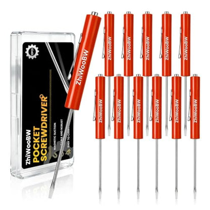 12 Pcs Red Pocket Screwdriver Magnetic Mini Slotted Flathead - color: Red