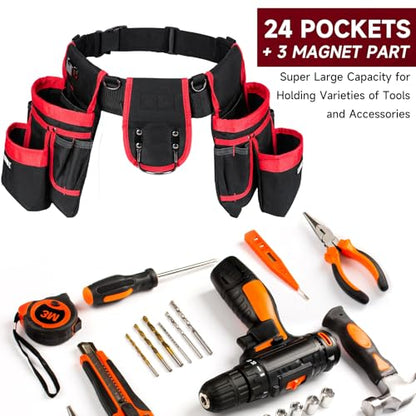 Tool Belt with Suspenders,27-Pockets Heavy Duty Tool Belts for Men with Magnetic Tool Pouch,Detachable & Adjustable Work Belt Bag for Electrician,Carpenter,Construction,Utility Toolbelt,Black,Red - color: Black/Red