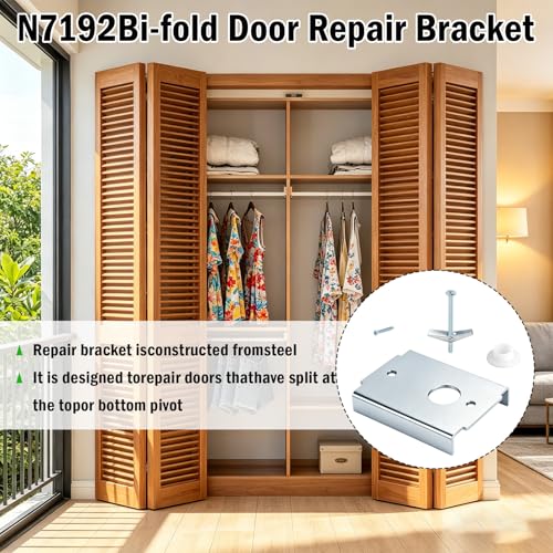 Bifold Door Repair Kit for Damaged & Stripped Wood Doors – Dual Hole Heavy Duty N7192 Brackets with Expansion & Standard Screws, Stronger Fix for 1-3/8" Doors, Fits 7/16" Pivot – 4pcs