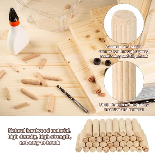 PATIKIL 3/8" x 2"(10 x 50mm) Wood Dowel Pins, 60 Pack Fluted Wooden Dowel Pin Straight Groove Rods for Furniture Door Art Crafts Projects - size: 3/8" x 2"