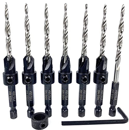 FTG USA 6Pc #8(11/64") Countersink Drill Bits and 1 Replacement Tapered Bit - size: #8 (11/64"), style: 6 Bits w/cutter + 1 Bit w/o cutter