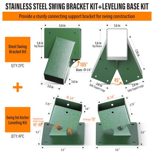201 Stainless Steel Swing Set Bracket 2pcs A-Frame Brackets 4pcs Adjustable Swing Anchor Leveling Kit Bracket（Green） - color: Green, size: Complete Set(2A-Frame+4Base)